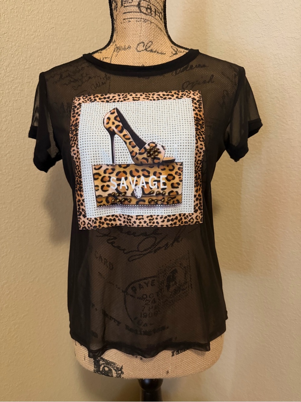 Occasion Black Mesh Tee with Leopard-Print Graphic